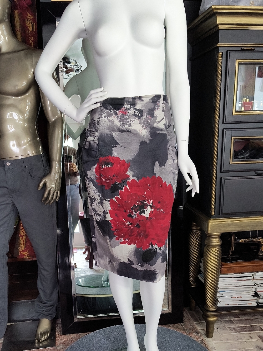 Floral Pencil Skirt with Red Bloom